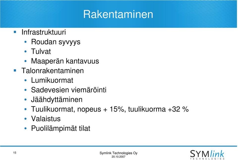 viemäröinti Jäähdyttäminen Tuulikuormat, nopeus + 15%,