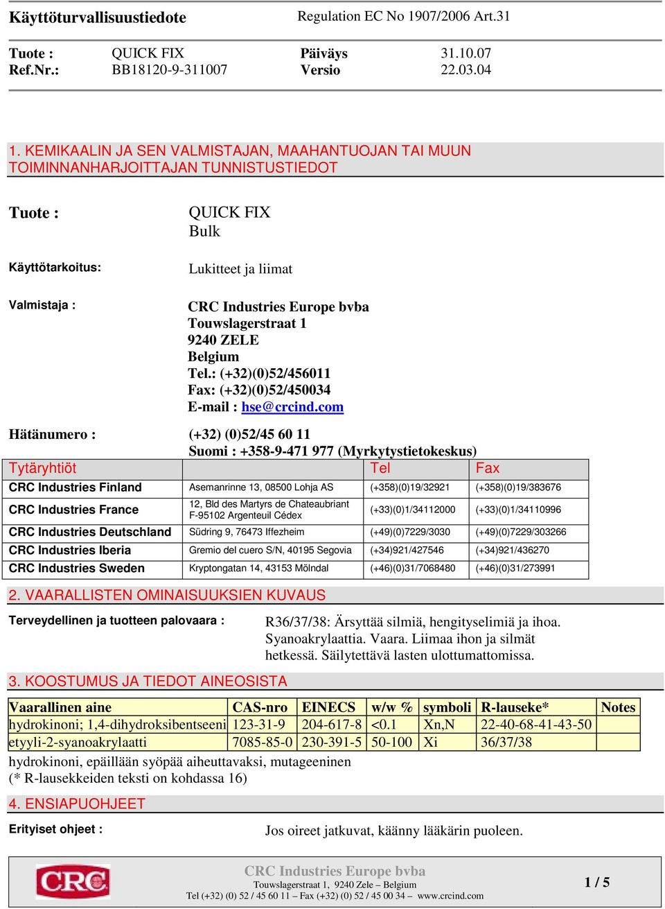 com Hätänumero : (+32) (0)52/45 60 11 Suomi : +358-9-471 977 (Myrkytystietokeskus) Tytäryhtiöt Tel Fax CRC Industries Finland Asemanrinne 13, 08500 Lohja AS (+358)(0)19/32921 (+358)(0)19/383676 CRC