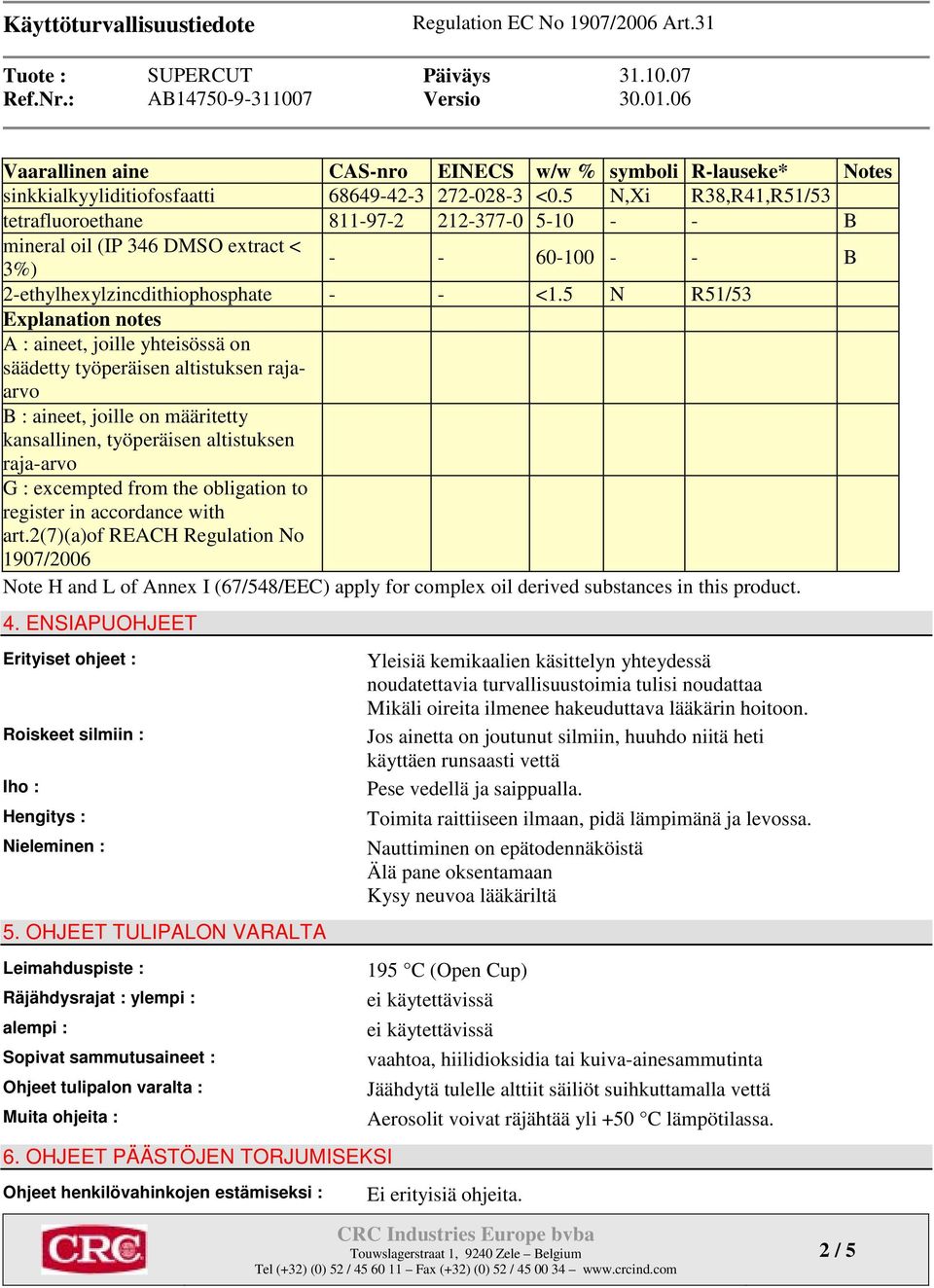 5 N R51/53 Explanation notes A : aineet, joille yhteisössä on säädetty työperäisen altistuksen rajaarvo B : aineet, joille on määritetty kansallinen, työperäisen altistuksen raja-arvo G : excempted