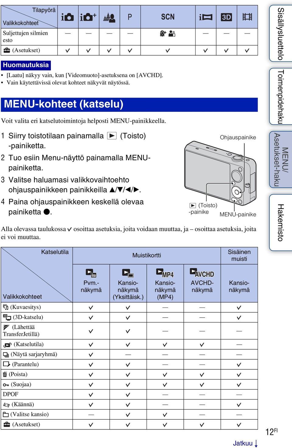 (Toisto) -painike Ohjauspainike MENU-painike osoittaa asetuksia, joita voidaan muuttaa, ja osoittaa asetuksia, joita Katselutila Muistikortti Sisäinen muisti Valikkokohteet 1 Siirry toistotilaan