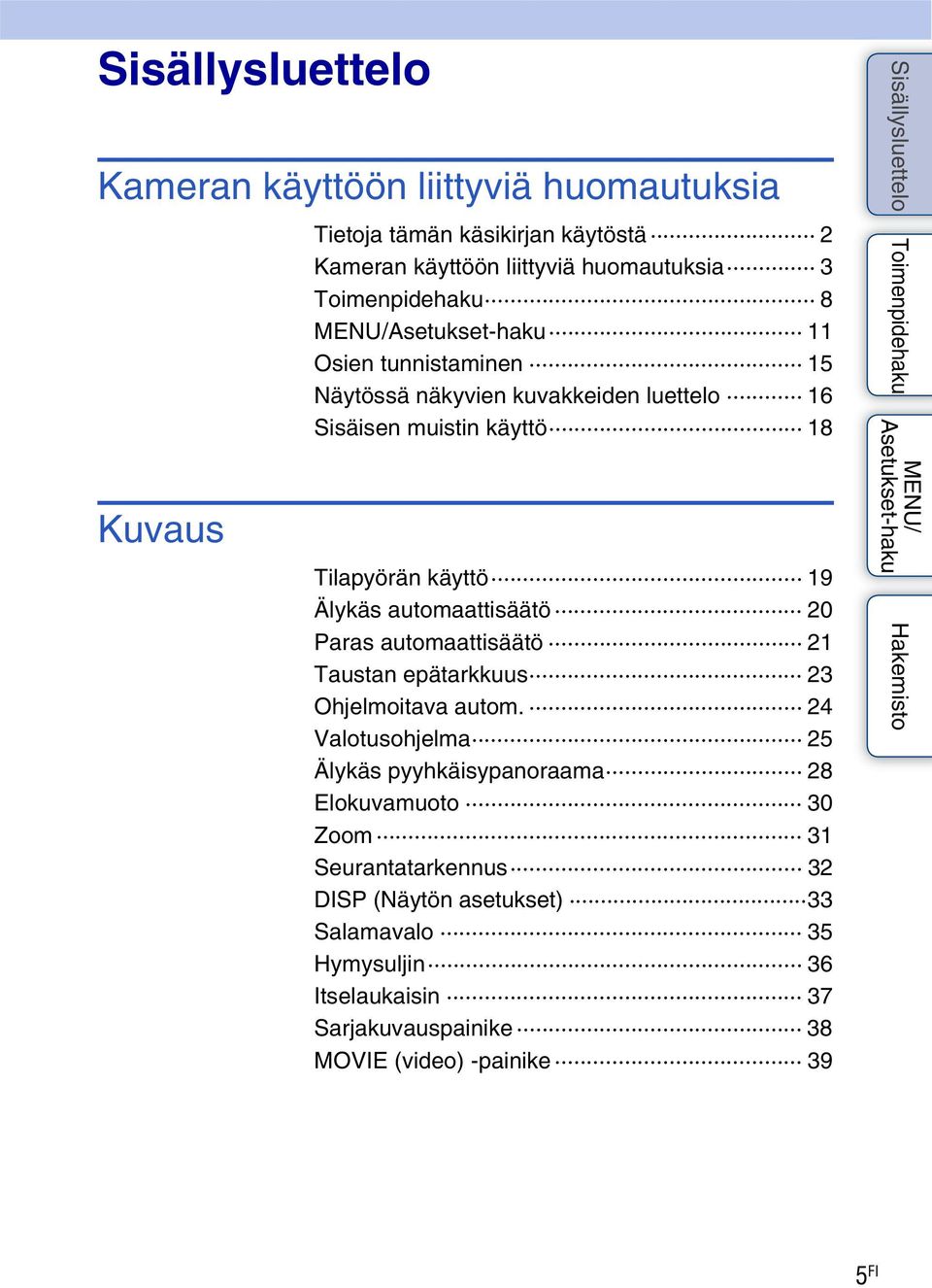 automaattisäätö 20 Paras automaattisäätö 21 Taustan epätarkkuus 23 Ohjelmoitava autom.