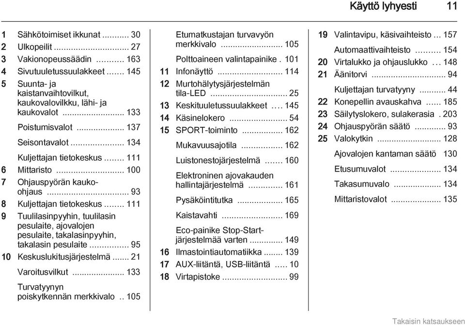 .. 111 9 Tuulilasinpyyhin, tuulilasin pesulaite, ajovalojen pesulaite, takalasinpyyhin, takalasin pesulaite... 95 10 Keskuslukitusjärjestelmä... 21 Varoitusvilkut.