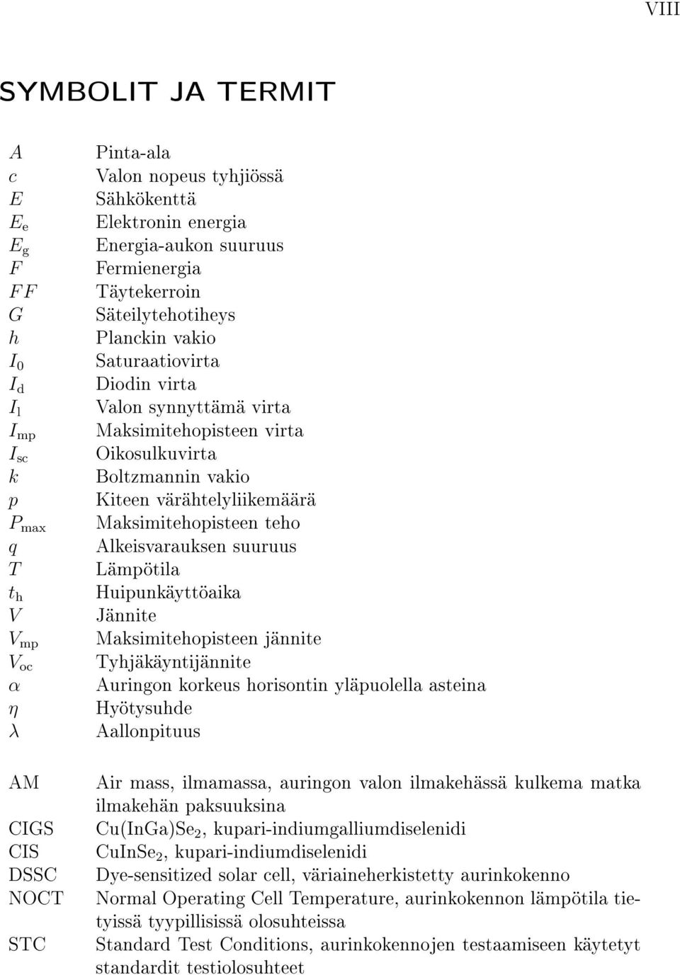 värähtelyliikemäärä Maksimitehopisteen teho Alkeisvarauksen suuruus Lämpötila Huipunkäyttöaika Jännite Maksimitehopisteen jännite Tyhjäkäyntijännite Auringon korkeus horisontin yläpuolella asteina