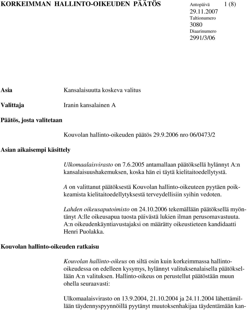 ratkaisu Kouvolan hallinto-oikeuden päätös 29.9.2006 nro 06/0473/2 Ulkomaalaisvirasto on 7.6.2005 antamallaan päätöksellä hylännyt A:n kansalaisuushakemuksen, koska hän ei täytä kielitaitoedellytystä.