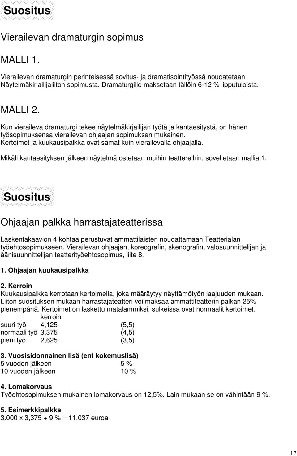 Kun vieraileva dramaturgi tekee näytelmäkirjailijan työtä ja kantaesitystä, on hänen työsopimuksensa vierailevan ohjaajan sopimuksen mukainen.