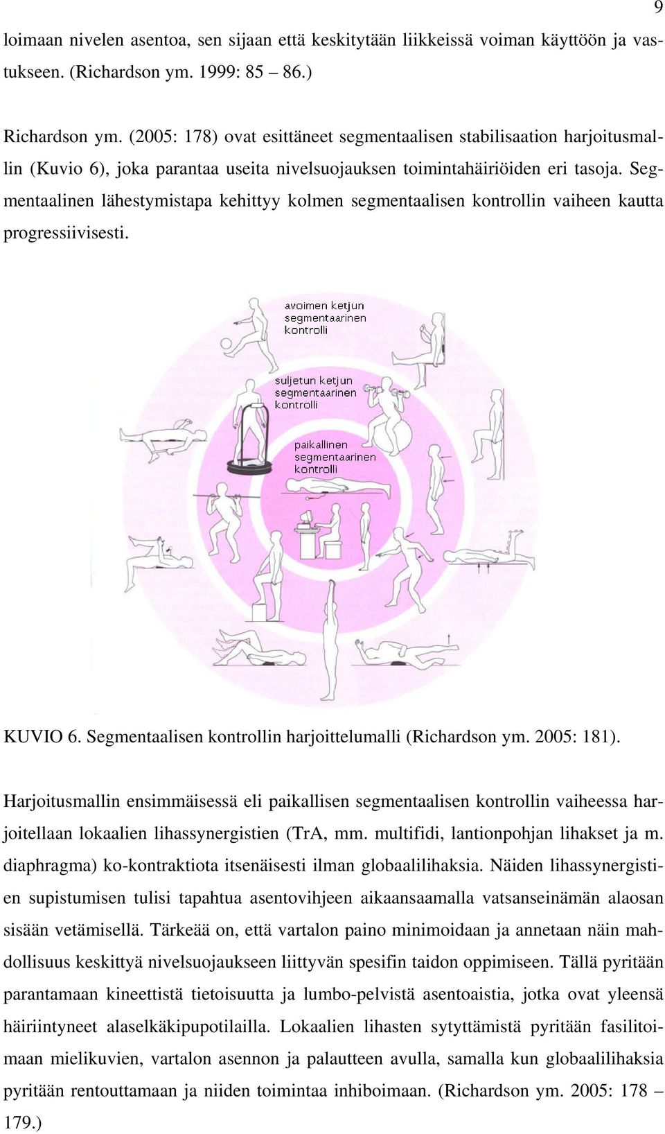 Segmentaalinen lähestymistapa kehittyy kolmen segmentaalisen kontrollin vaiheen kautta progressiivisesti. KUVIO 6. Segmentaalisen kontrollin harjoittelumalli (Richardson ym. 2005: 181).