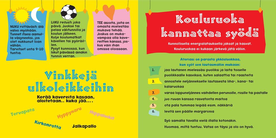 Vinkkejä ulkoleikkeihin Kerää kavereita kasaan, aloitetaan.. kuka jää. Kirkonrotta Hyppynaru Jalkapallo TEE asioita, joita on omasta mielestäsi mukava tehdä.