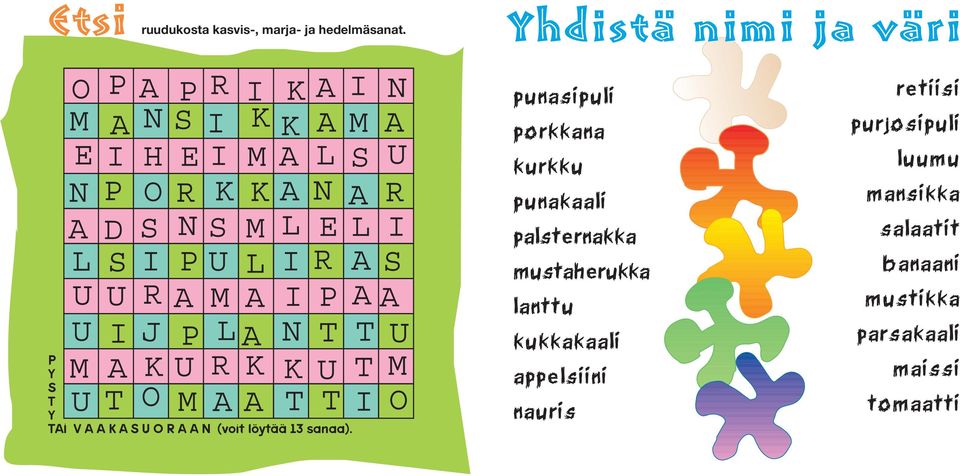 Yhdistä nimi ja väri punasipuli porkkana kurkku punakaali palsternakka