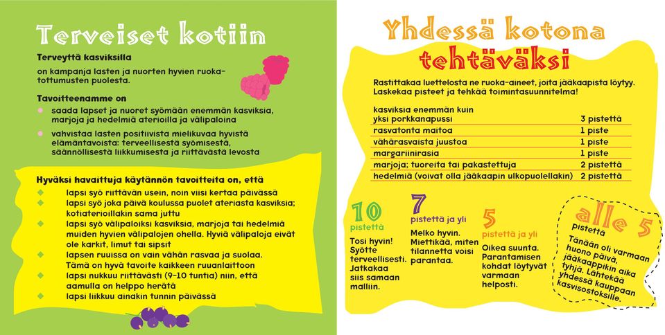 syömisestä, säännöllisestä liikkumisesta ja riittävästä levosta Hyväksi havaittuja käytännön tavoitteita on, että lapsi syö riittävän usein, noin viisi kertaa päivässä lapsi syö joka päivä koulussa