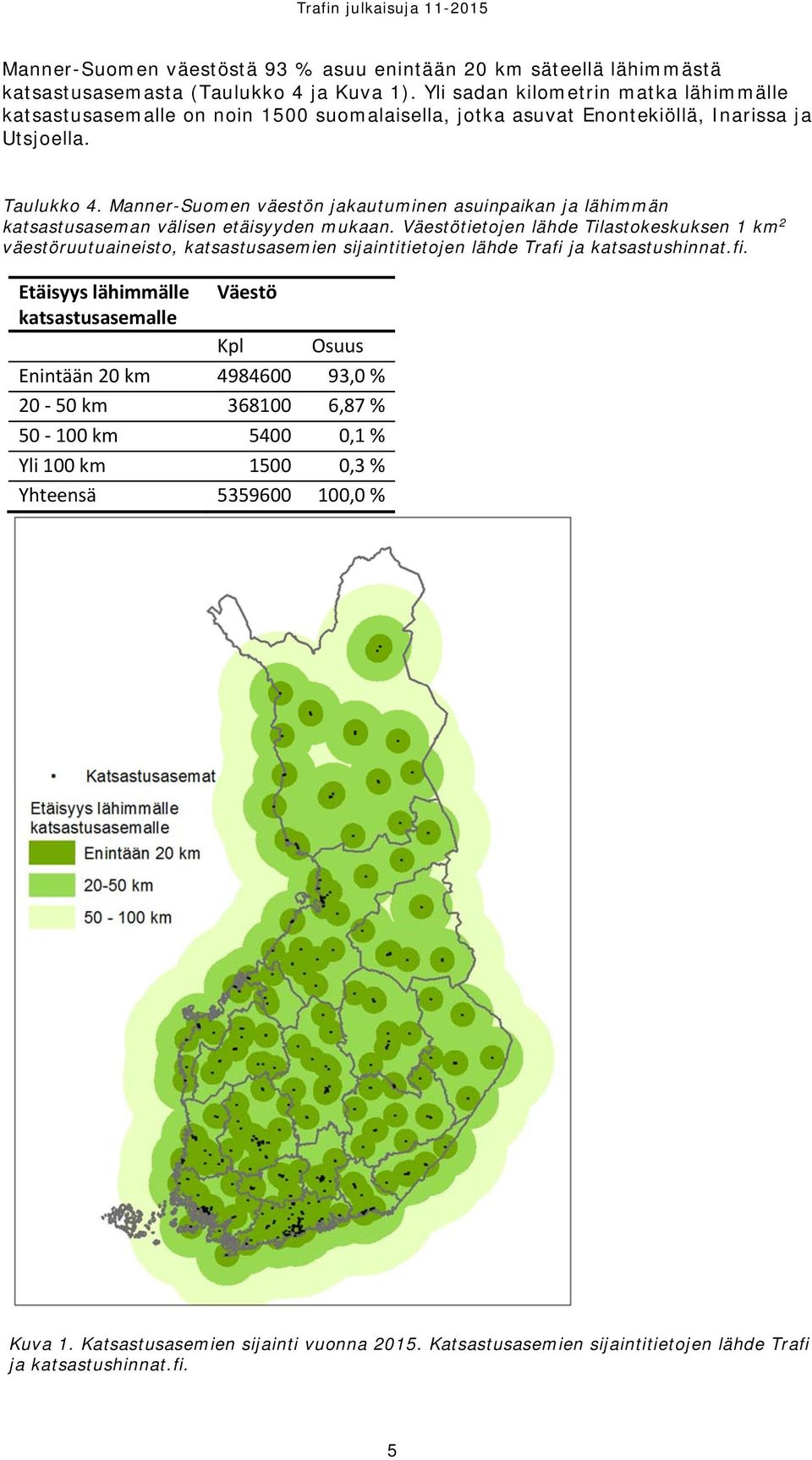 Manner-Suomen väestön jakautuminen asuinpaikan ja lähimmän katsastusaseman välisen etäisyyden mukaan.