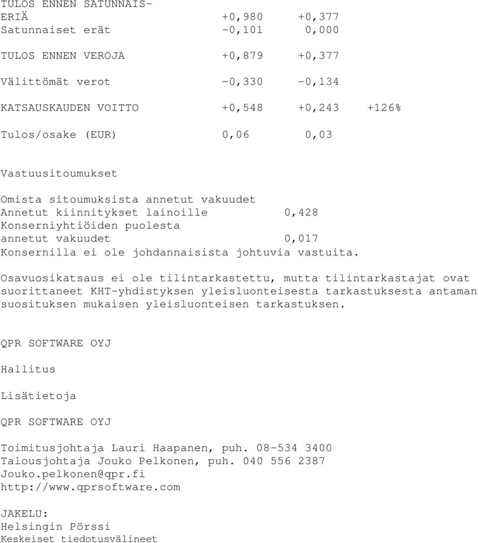 Osavuosikatsaus ei ole tilintarkastettu, mutta tilintarkastajat ovat suorittaneet KHT-yhdistyksen yleisluonteisesta tarkastuksesta antaman suosituksen mukaisen yleisluonteisen tarkastuksen.