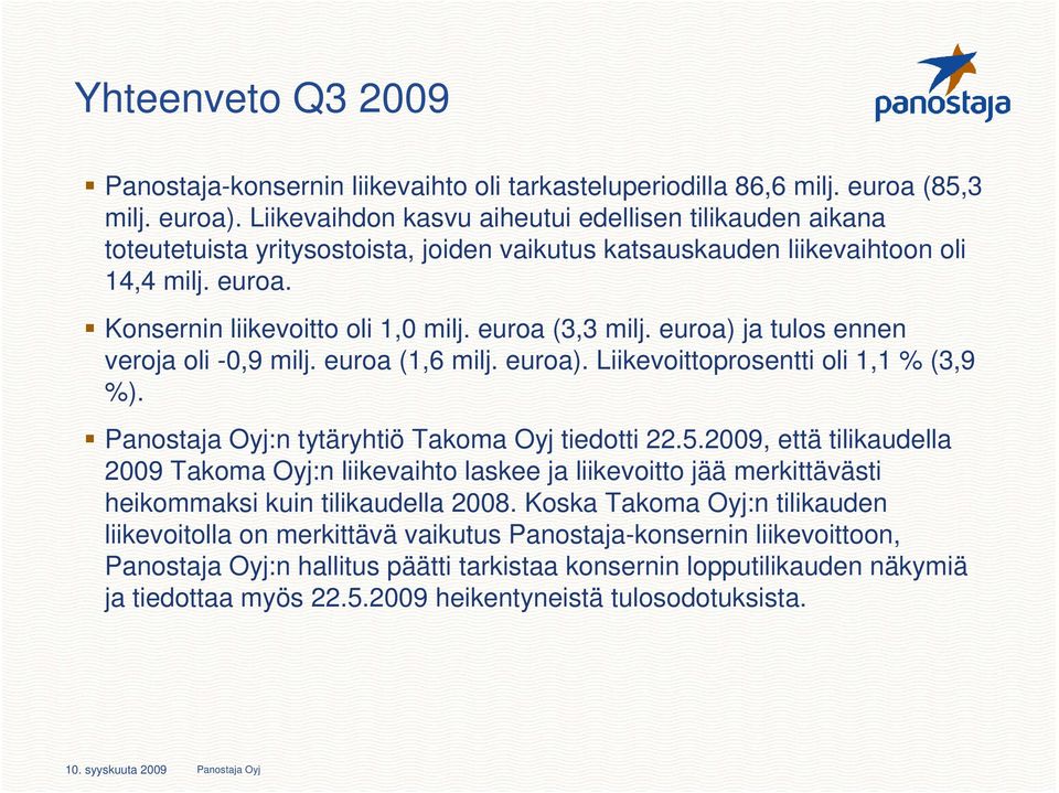 euroa (3,3 milj. euroa) ja tulos ennen veroja oli -0,9 milj. euroa (1,6 milj. euroa). Liikevoittoprosentti oli 1,1 % (3,9 %). Panostaja Oyj:n tytäryhtiö Takoma Oyj tiedotti 22.5.