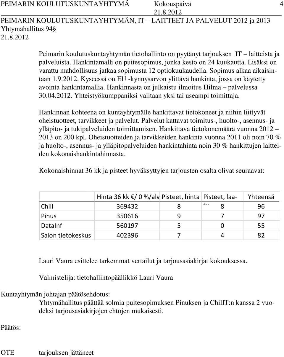 Kyseessä on EU -kynnysarvon ylittävä hankinta, jossa on käytetty avointa hankintamallia. Hankinnasta on julkaistu ilmoitus Hilma palvelussa 30.04.2012.