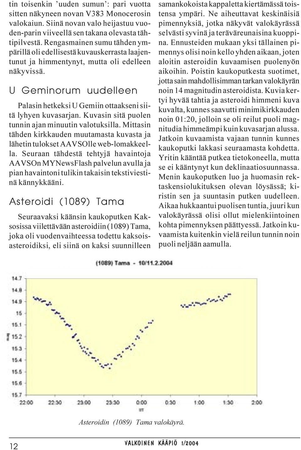 U Geminorum uudelleen Palasin hetkeksi U Gemiin ottaakseni siitä lyhyen kuvasarjan. Kuvasin sitä puolen tunnin ajan minuutin valotuksilla.