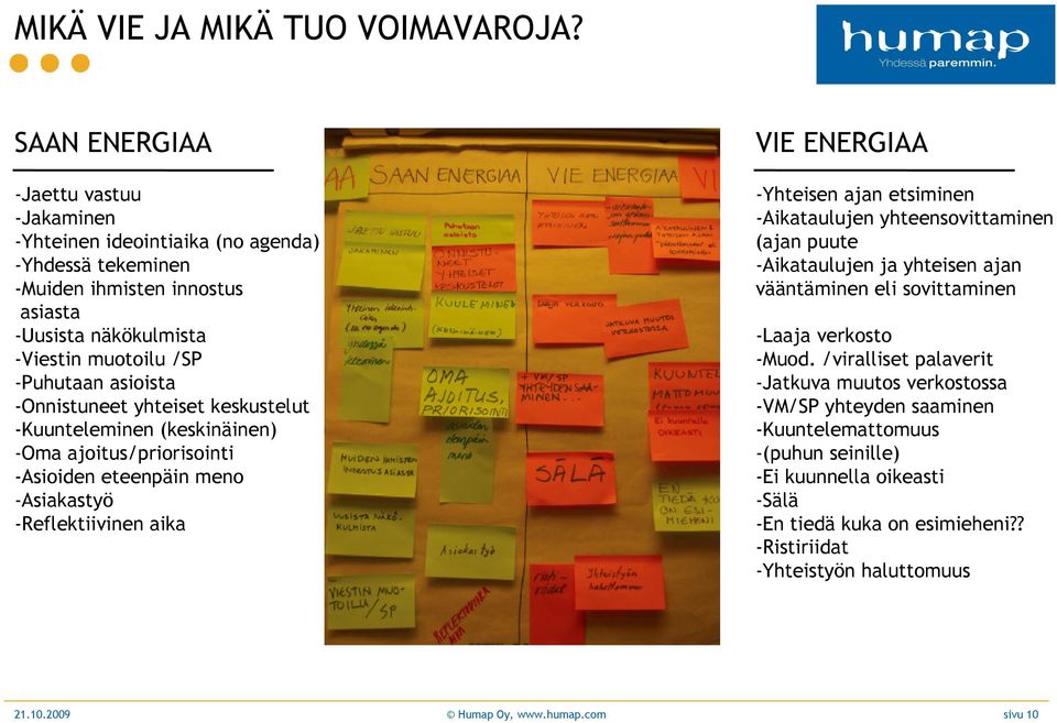 -Onnistuneet yhteiset keskustelut -Kuunteleminen (keskinäinen) -Oma ajoitus/priorisointi -Asioiden eteenpäin meno -Asiakastyö -Reflektiivinen aika VIE ENERGIAA -Yhteisen ajan etsiminen