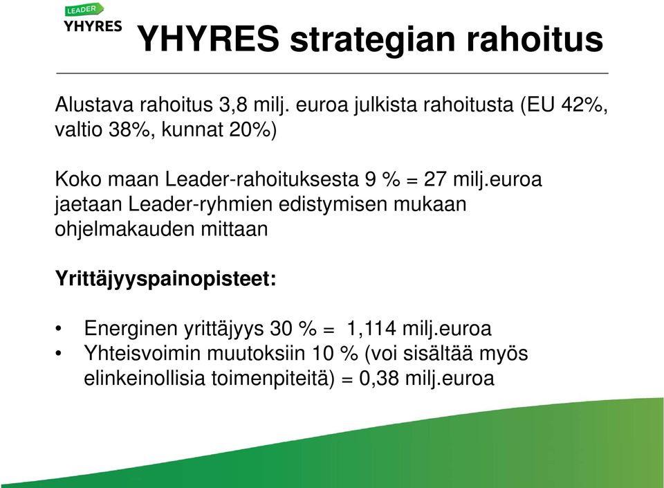 milj.euroa jaetaan Leader-ryhmien edistymisen mukaan ohjelmakauden mittaan Yrittäjyyspainopisteet: