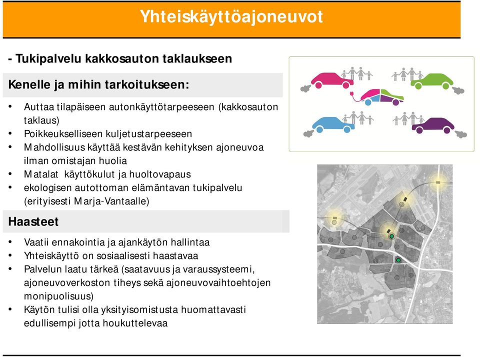 autottoman elämäntavan tukipalvelu (erityisesti Marja-Vantaalle) Haasteet Vaatii ennakointia ja ajankäytön hallintaa Yhteiskäyttö on sosiaalisesti haastavaa Palvelun