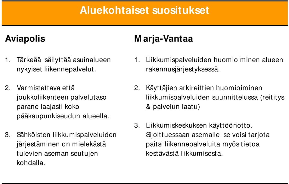 Sähköisten liikkumispalveluiden järjestäminen on mielekästä tulevien aseman seutujen kohdalla. Marja-Vantaa 1.