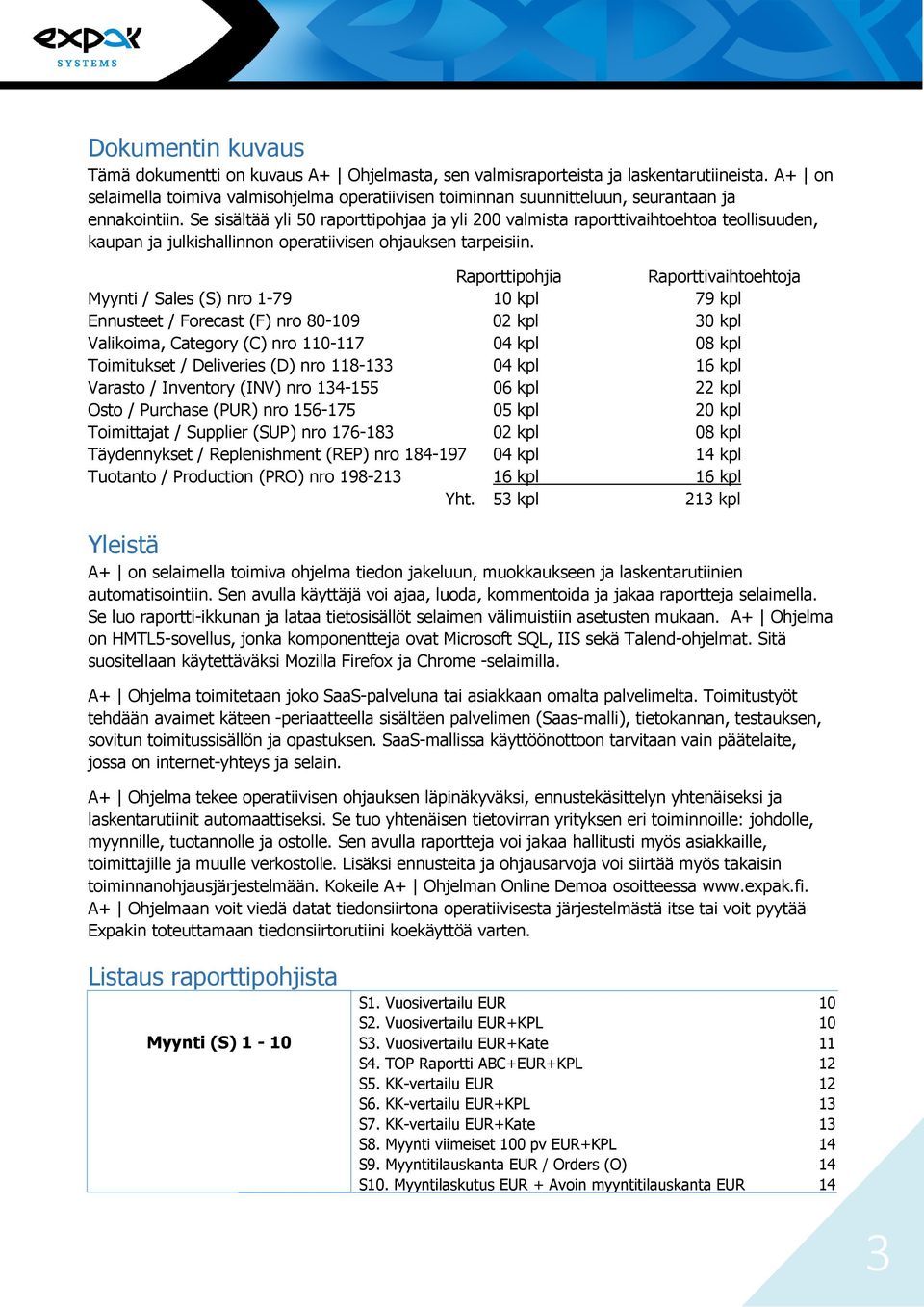 Se sisältää yli 50 raporttipohjaa ja yli 200 valmista raporttivaihtoehtoa teollisuuden, kaupan ja julkishallinnon operatiivisen ohjauksen tarpeisiin.