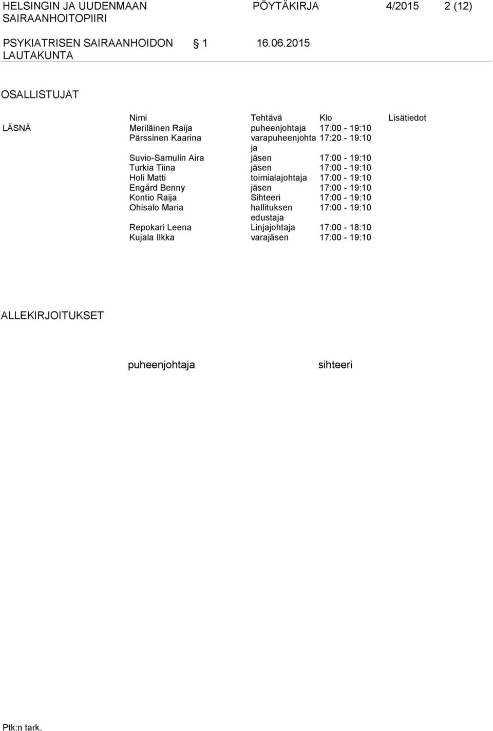 17:20-19:10 ja Suvio-Samulin Aira jäsen 17:00-19:10 Turkia Tiina jäsen 17:00-19:10 Holi Matti toimialajohtaja 17:00-19:10 Engård