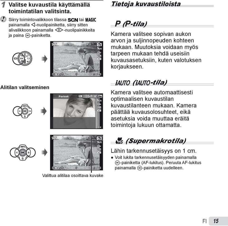 12M 4:3 Tietoja kuvaustiloista P (P-tila) Kamera valitsee sopivan aukon arvon ja suljinnopeuden kohteen mukaan.