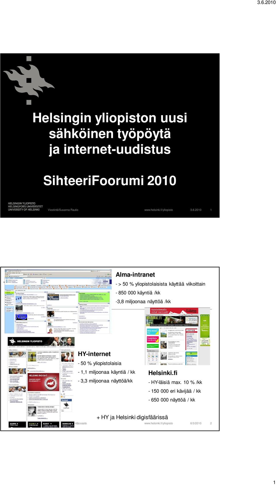 /kk HY-internet - 50 % yliopistolaisia - 1,1 miljoonaa käyntiä / kk - 3,3 miljoonaa näyttöä/kk Helsinki.