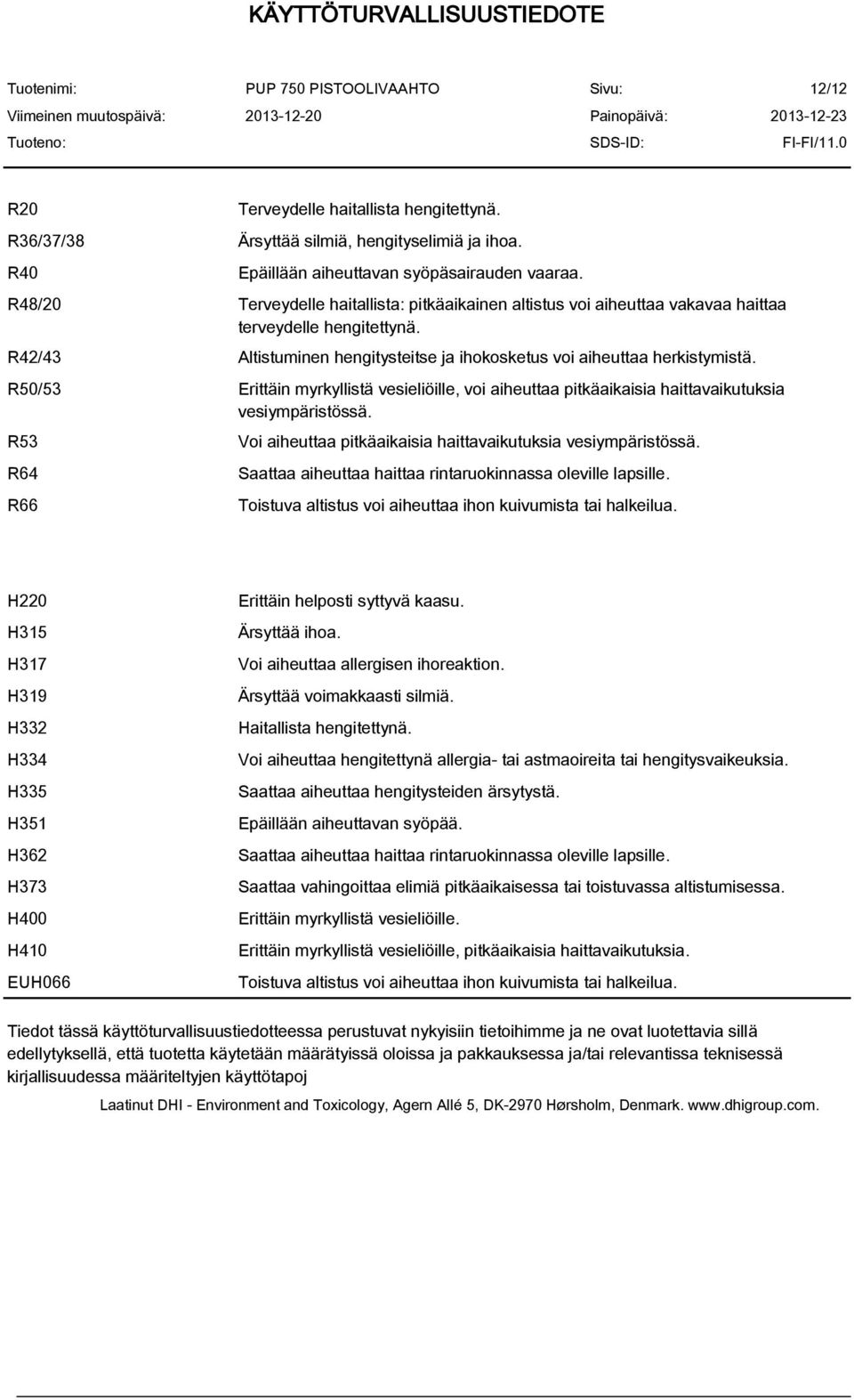 R50/53 Erittäin myrkyllistä vesieliöille, voi aiheuttaa pitkäaikaisia haittavaikutuksia vesiympäristössä. R53 R64 R66 Voi aiheuttaa pitkäaikaisia haittavaikutuksia vesiympäristössä.