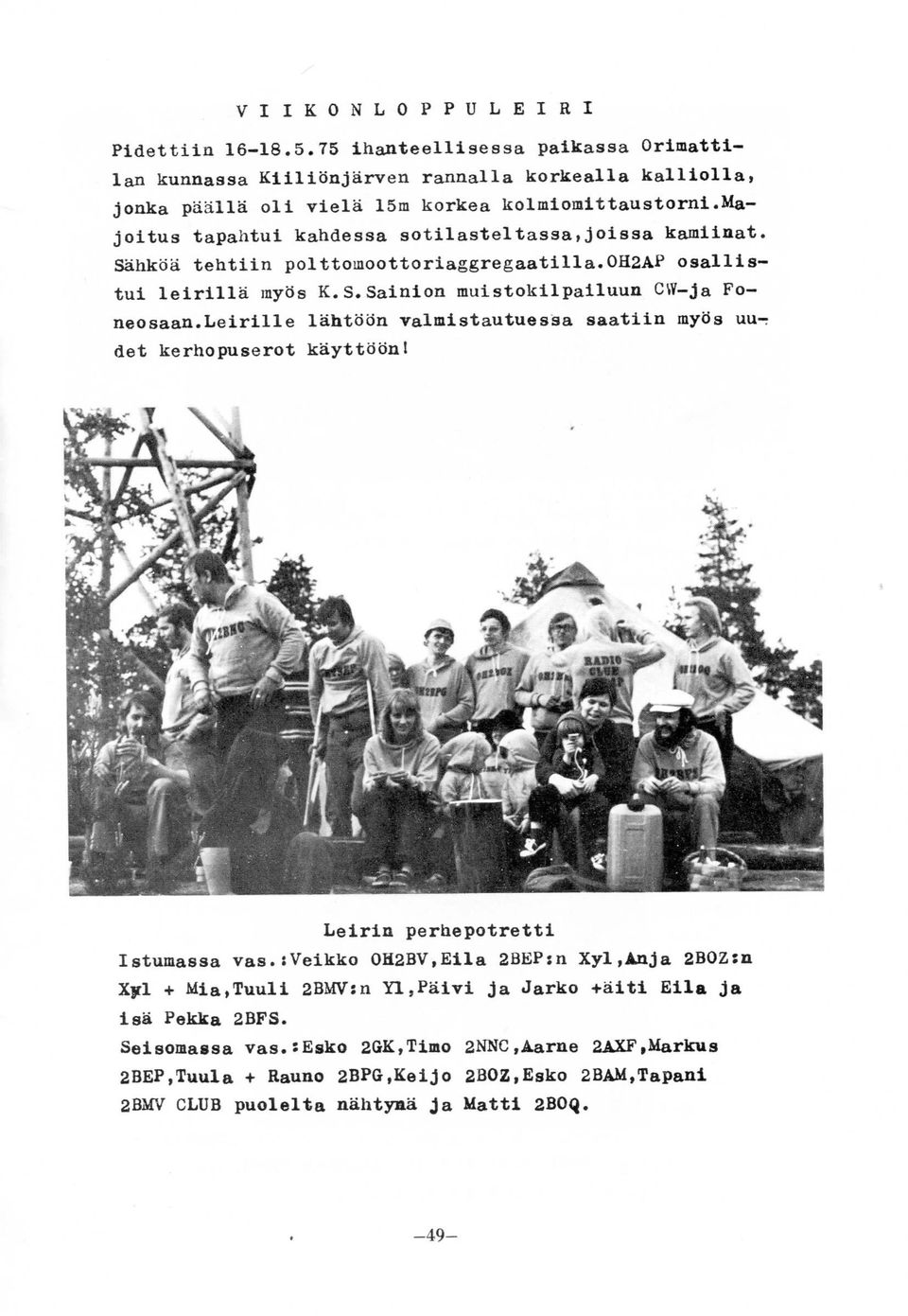 majoitus tapalitui kahdessa sotilasteltassa,joissa kamiinat. Sahkoa tehtiin polttomoottoriaggregaatilla.0h2ap osallistui leirilla myds K.S.Sainion muistokilpailuun CW-ja Foneosaan.