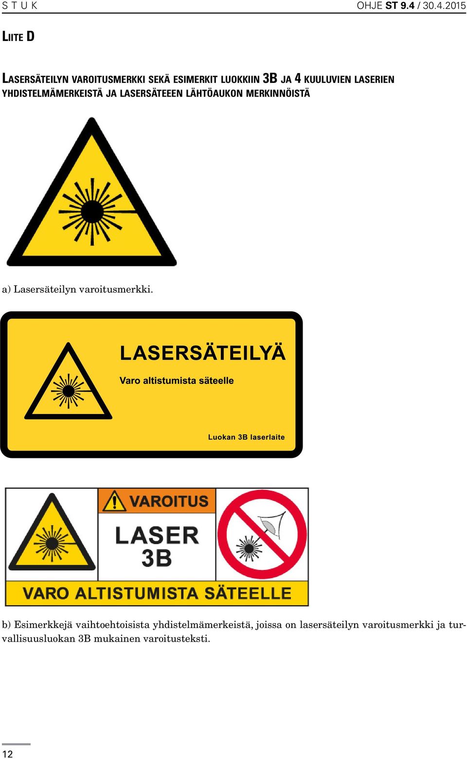 2015 Liite D Lasersäteilyn varoitusmerkki sekä esimerkit luokkiin 3B ja 4 kuuluvien
