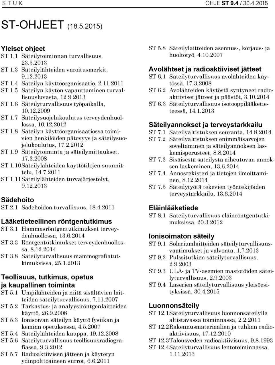 8 Säteilyn käyttöorganisaatiossa toimivien henkilöiden pätevyys ja säteilysuojelukoulutus, 17.2.2012 ST 1.9 Säteilytoiminta ja säteilymittaukset, 17.3.2008 ST 1.