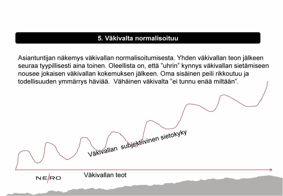 Oleellista on, että uhrin kynnys väkivallan sietämiseen nousee jokaisen väkivallan kokemuksen