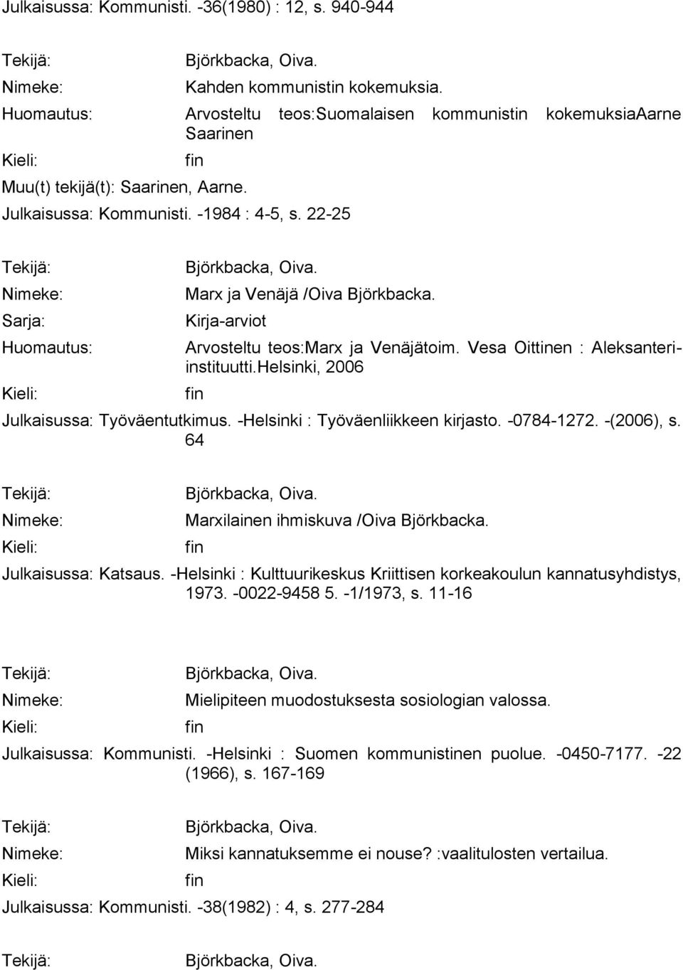 Helsinki, 2006 Julkaisussa: Työväentutkimus. -Helsinki : Työväenliikkeen kirjasto. -0784-1272. -(2006), s. 64 Marxilainen ihmiskuva /Oiva Björkbacka. Julkaisussa: Katsaus.