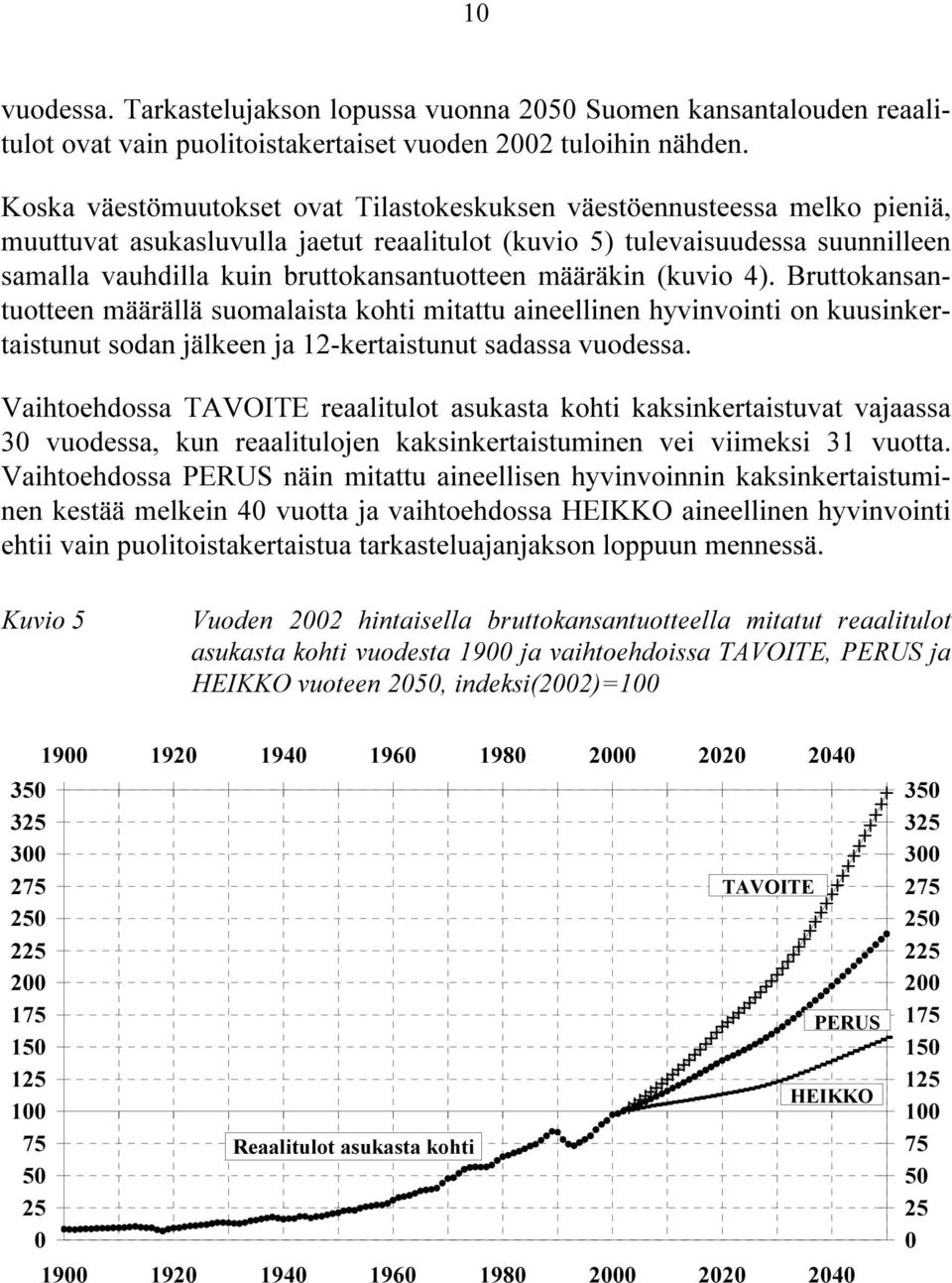 bruttokansantuotteen määräkin (kuvio 4). Bruttokansantuotteen määrällä suomalaista kohti mitattu aineellinen hyvinvointi on kuusinkertaistunut sodan jälkeen ja 12-kertaistunut sadassa vuodessa.
