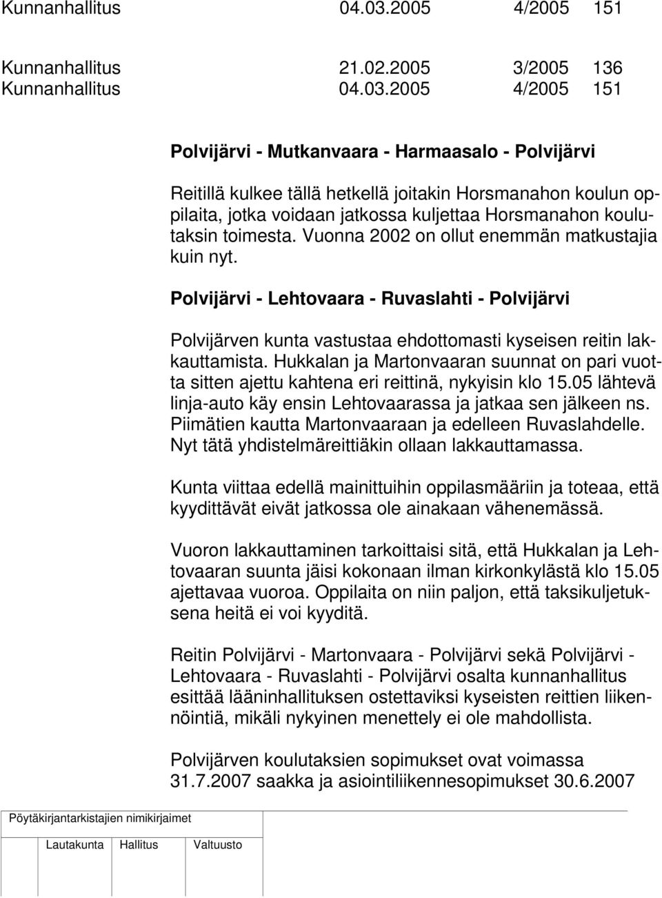 2005 3/2005 136 2005 4/2005 151 Polvijärvi - Mutkanvaara - Harmaasalo - Polvijärvi Reitillä kulkee tällä hetkellä joitakin Horsmanahon koulun oppilaita, jotka voidaan jatkossa kuljettaa Horsmanahon
