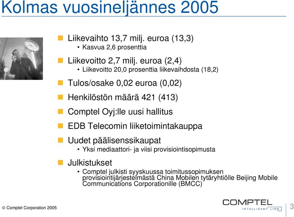 hallitus EDB Telecomin liiketoimintakauppa Uudet päälisenssikaupat Yksi mediaattori- ja viisi provisiointisopimusta Julkistukset Comptel