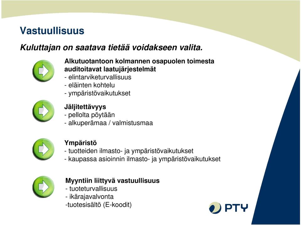 kohtelu - ympäristövaikutukset Jäljitettävyys - pellolta pöytään - alkuperämaa / valmistusmaa Ympäristö - tuotteiden