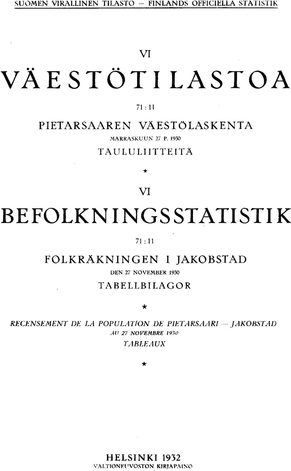 BEFOLKNINGSSTATISTIK : FOLKRÄKNINGEN I JAKOBSTAD DEN NOVEMBER 0 TABELLBILAGOR