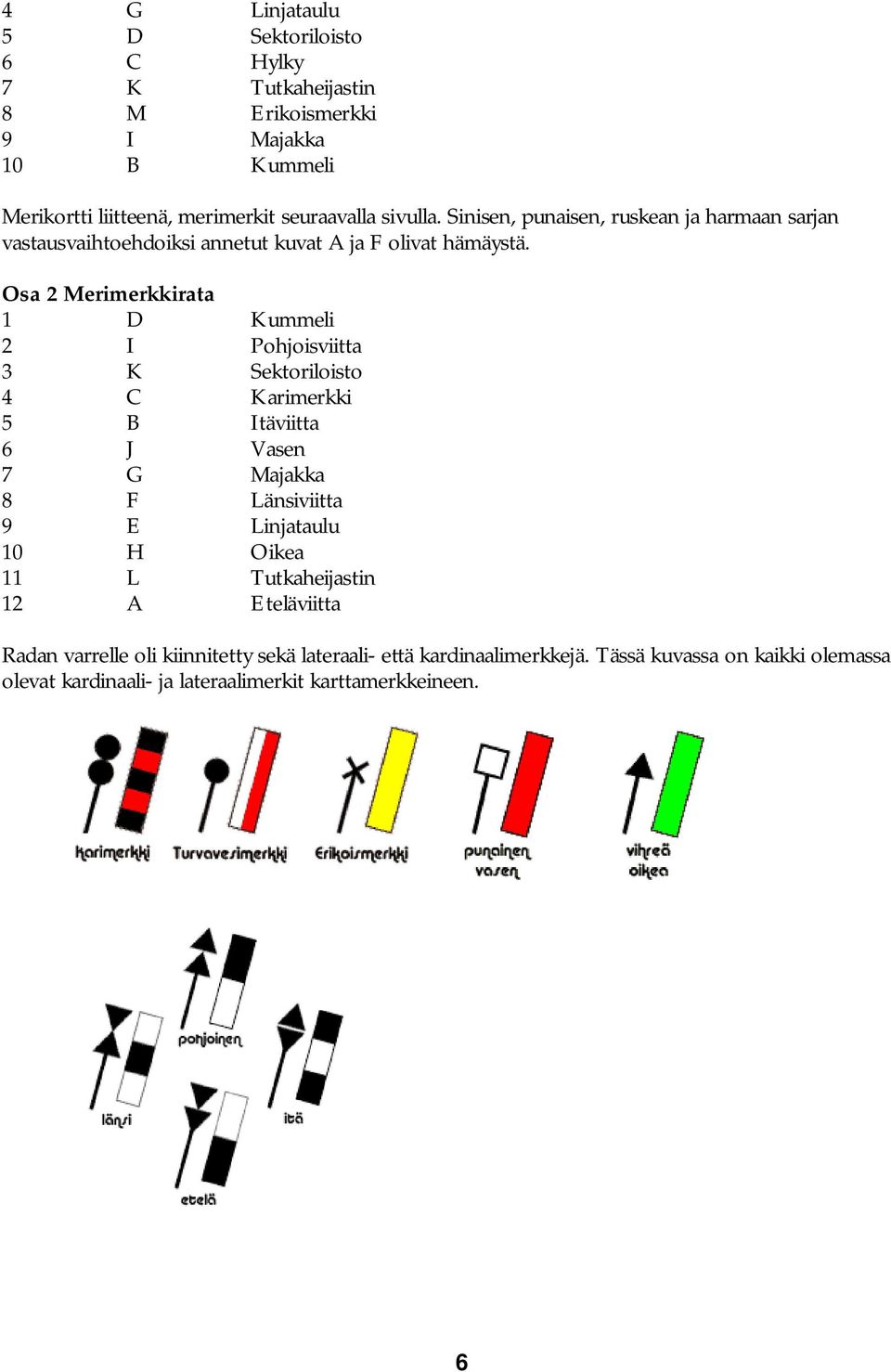 Osa 2 Merimerkkirata 1 D Kummeli 2 I Pohjoisviitta 3 K Sektoriloisto 4 C Karimerkki 5 B Itäviitta 6 J Vasen 7 G Majakka 8 F Länsiviitta 9 E Linjataulu 10 H