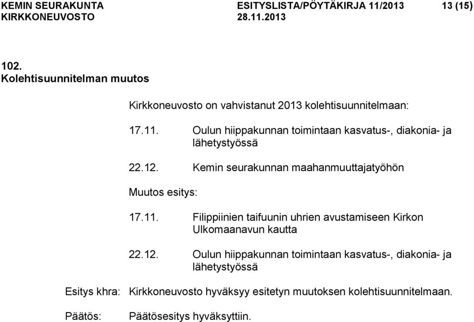 Oulun hiippakunnan toimintaan kasvatus-, diakonia- ja lähetystyössä 22.12.