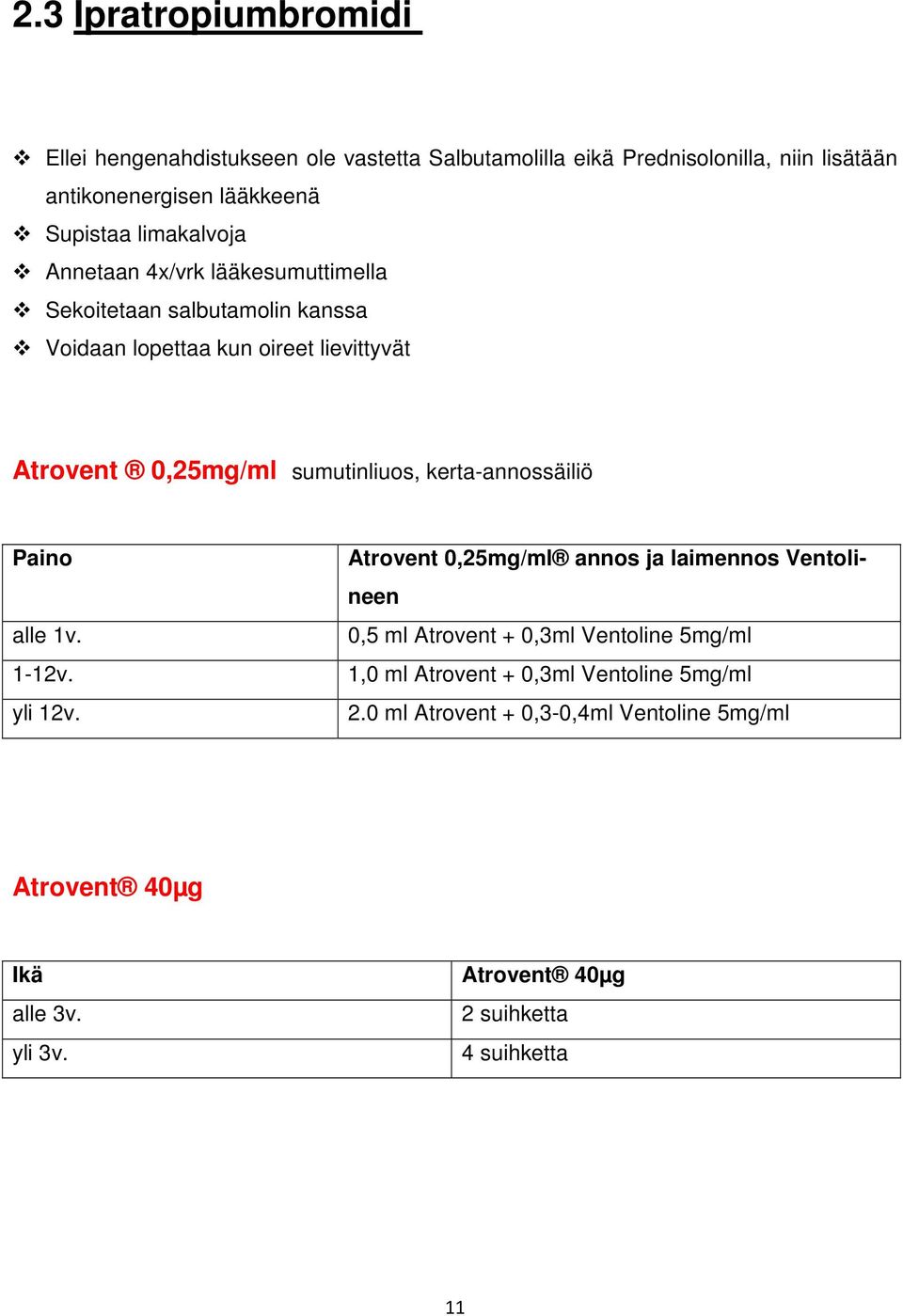 sumutinliuos, kerta-annossäiliö Paino alle 1v. 1-12v. yli 12v.