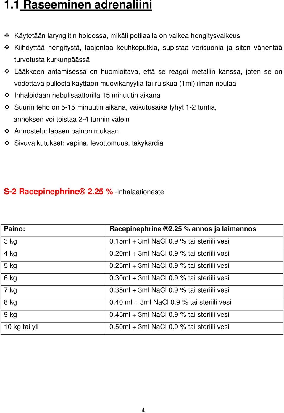 minuutin aikana Suurin teho on 5-15 minuutin aikana, vaikutusaika lyhyt 1-2 tuntia, annoksen voi toistaa 2-4 tunnin välein Annostelu: lapsen painon mukaan Sivuvaikutukset: vapina, levottomuus,