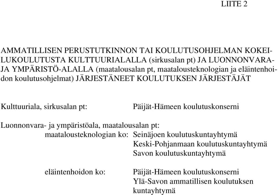 Päijät-Hämeen koulutuskonserni Luonnonvara- ja ympäristöala, maatalousalan pt: maatalousteknologian ko: Seinäjoen koulutuskuntayhtymä