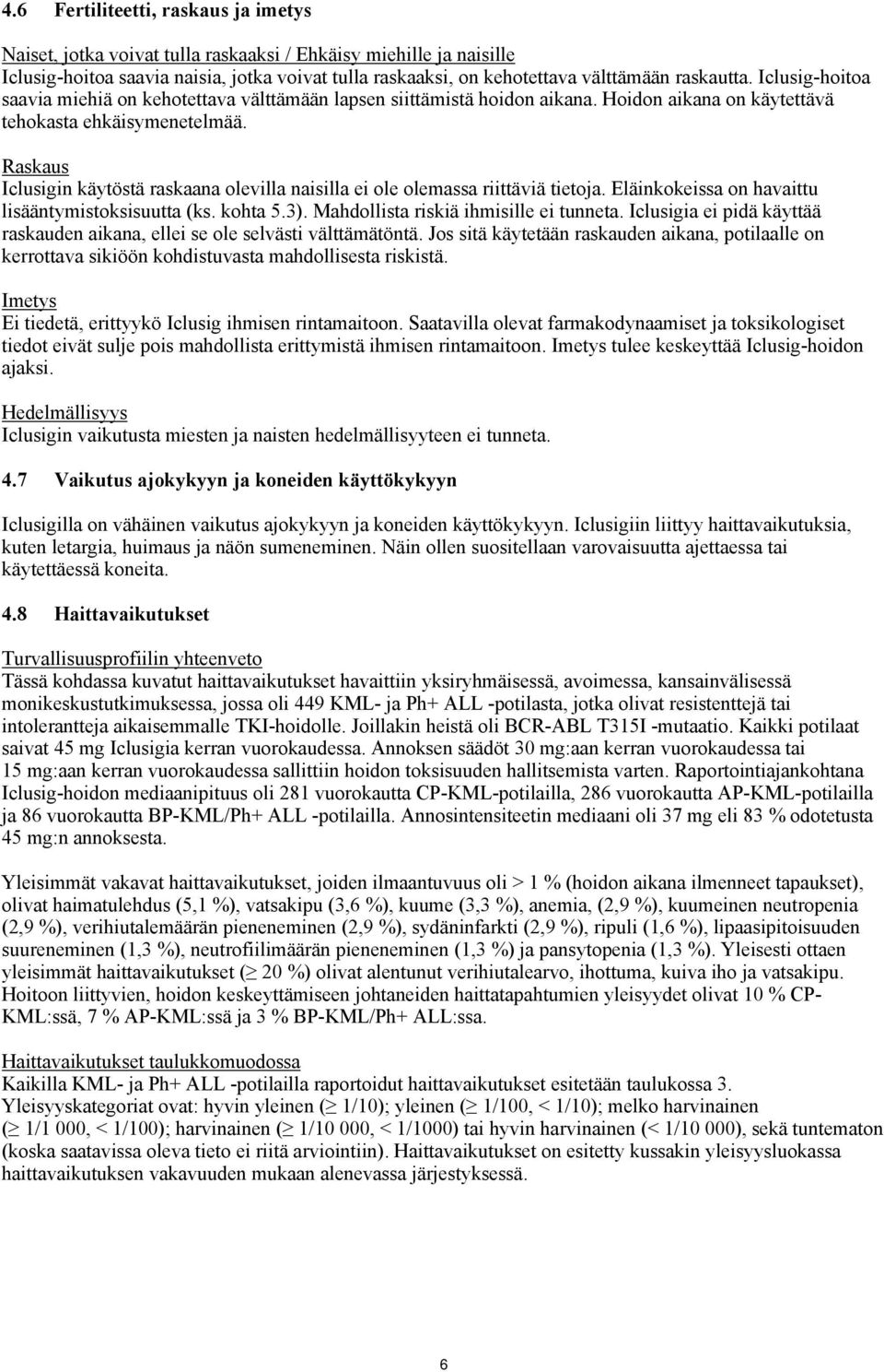 Raskaus Iclusigin käytöstä raskaana olevilla naisilla ei ole olemassa riittäviä tietoja. Eläinkokeissa on havaittu lisääntymistoksisuutta (ks. kohta 5.3). Mahdollista riskiä ihmisille ei tunneta.