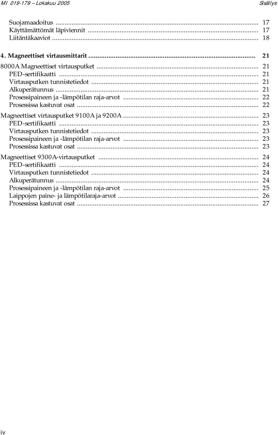 .. 22 Magneettiset virtausputket 9100A ja 9200A... 23 PED-sertifikaatti... 23 Virtausputken tunnistetiedot... 23 Prosessipaineen ja -lämpötilan raja-arvot... 23 Prosessissa kastuvat osat.