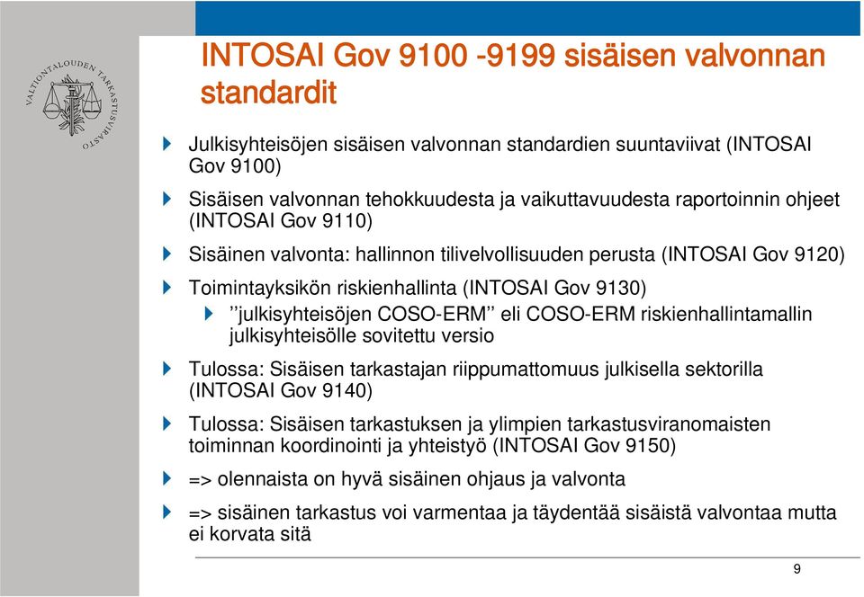 riskienhallintamallin julkisyhteisölle sovitettu versio Tulossa: Sisäisen tarkastajan riippumattomuus julkisella sektorilla (INTOSAI Gov 9140) Tulossa: Sisäisen tarkastuksen ja ylimpien