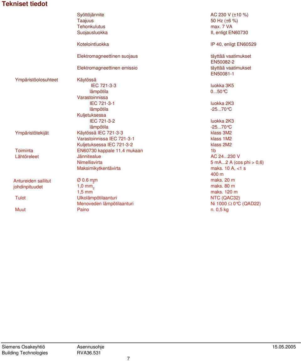 Ympäristöolosuhteet Käytössä IEC 721-3-3 luokka 3K5 lämpötila 0...50 C Varastoinnissa IEC 721-3-1 luokka 2K3 lämpötila -25...70 C Kuljetuksessa IEC 721-3-2 luokka 2K3 lämpötila -25.