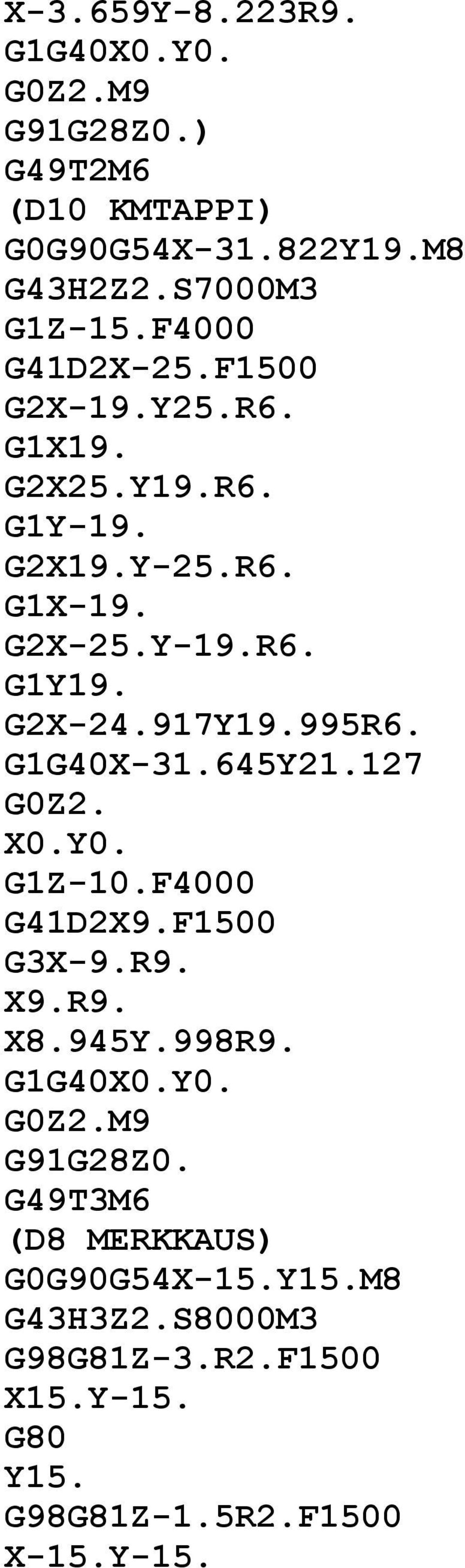 917Y19.995R6. G1G40X-31.645Y21.127 G0Z2. X0.Y0. G1Z-10.F4000 G41D2X9.F1500 G3X-9.R9. X9.R9. X8.945Y.998R9. G1G40X0.Y0. G0Z2.M9 G49T3M6 (D8 MERKKAUS) G0G90G54X-15.