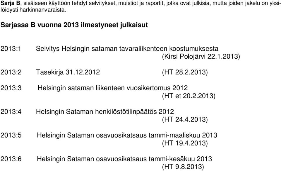 12.2012 (HT 28.2.2013) 2013:3 Helsingin sataman liikenteen vuosikertomus 2012 (HT et 20.2.2013) 2013:4 Helsingin Sataman henkilöstötilinpäätös 2012 (HT 24.