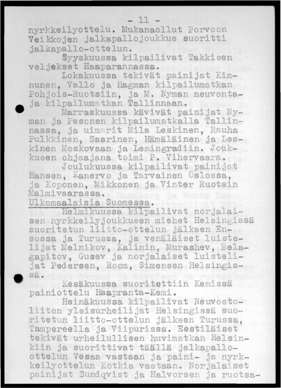 Marraskuussa kävivät painijat Nyman ja esonen kilpailumatkalla Tallinnassa, ja uim rit Mila Leskinen, nauha Fulkkinen, Saarinen, Hämäläinen ja Leskinen r,:oskovaan ja Leningradiin.