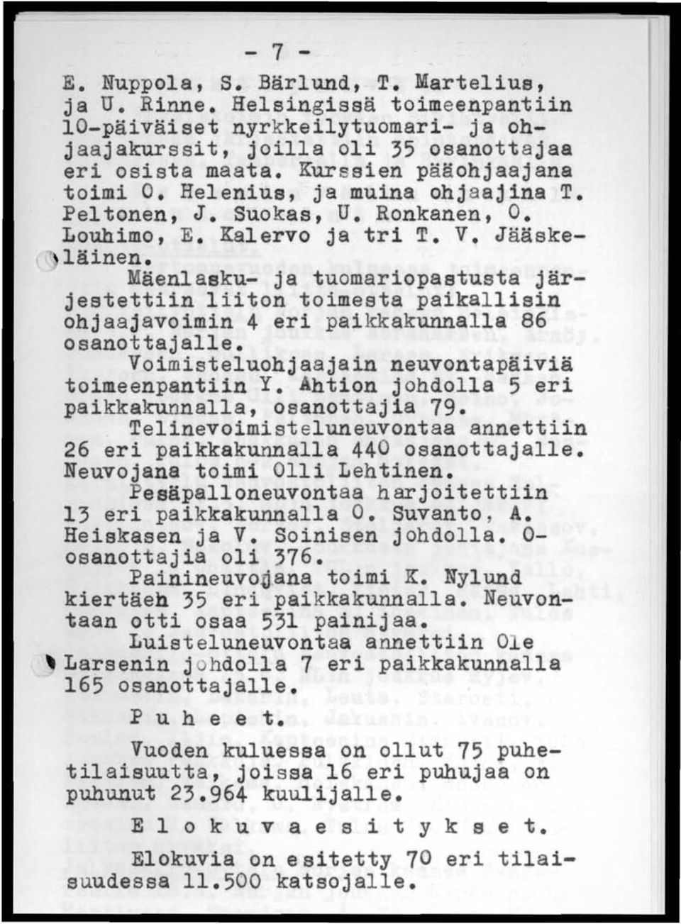 Mäenlasku- ja tuomariopastusta järjestettiin liiton toimesta paikallisin ohjaajavoimin 4 eri paikkakunnalla 86 osanottajalle. Voimisteluohjaajain neuvontapäiviä toimeenpantiin Y.